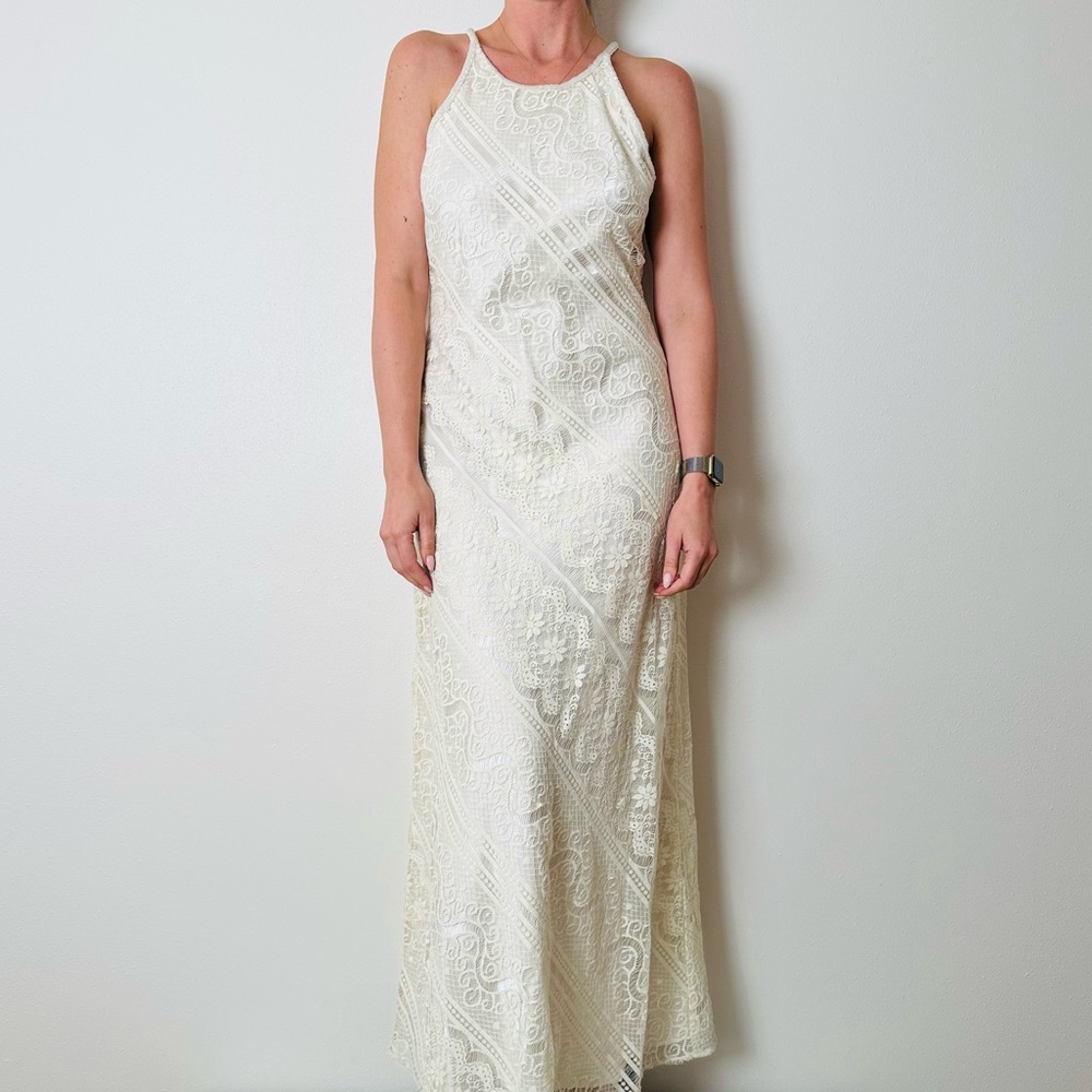 Vintage Cachet Halter Beaded Lace Maxi Wedding Dress Ivory